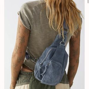 free people Vintage Inspired Slate Gray Suede Hudson Sling Bag
